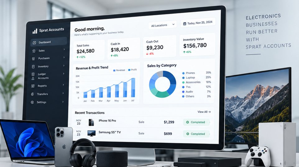 Sprat Accounts dashboard displayed with electronics products